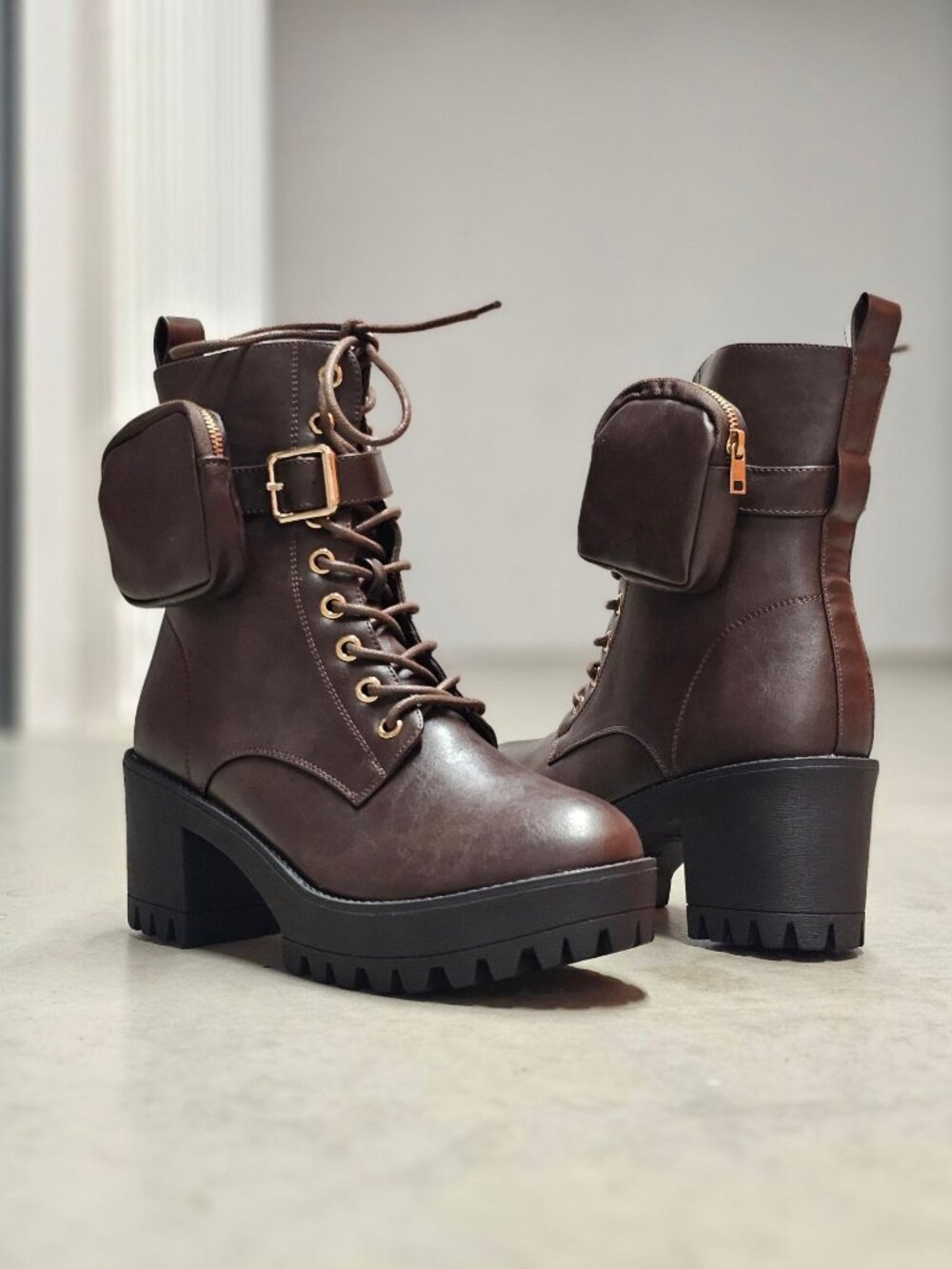 Brown Combat Boots With Chunky Heel & Detachable Side Pouches